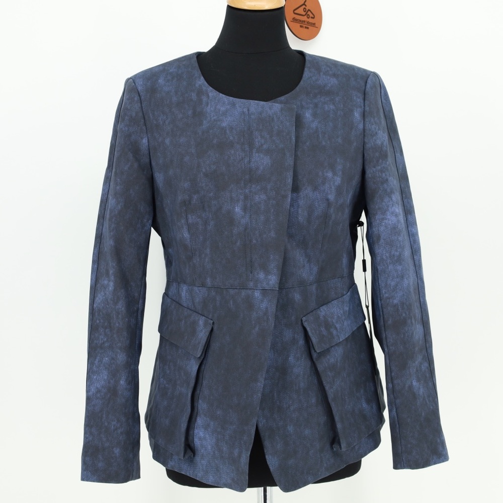 DONNA KARAN NEW YORK Collarless Split-Front Indigo Blue Patch Flap Pocket Blazer